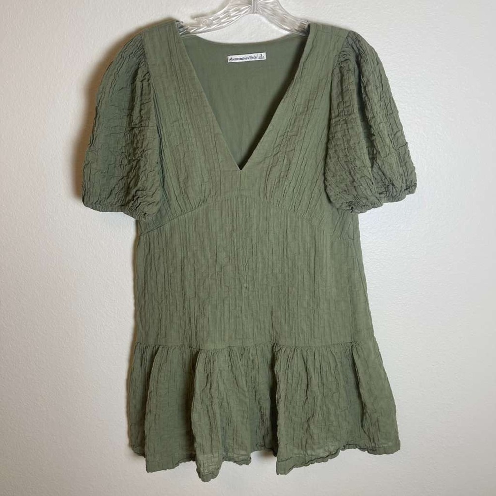 Abercrombie & Fitch Sage Green Crinkle Cotton Puff Sleeve Mini Dress Small